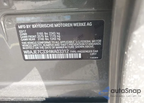 2017 BMW 540I xDrive from USA, damaged, VIN WBAJE7C33HWA03312